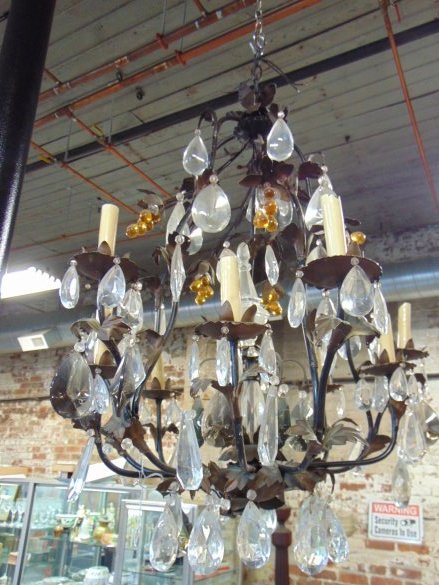 Decorative iron & crystal hanging fixture, black metal frame with various clear hanging crystal and (1 of 6)