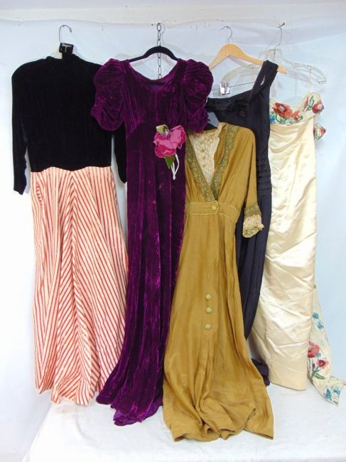 Antique & Vintage lot of (5) dresses to include purple velvet side zipper stuck, tear under left arm (1 of 8)