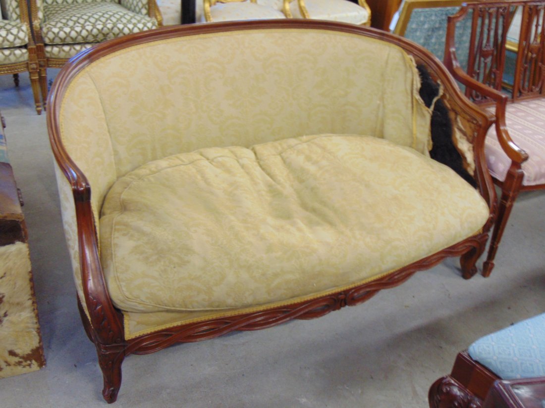 Upholstered loveseat, curved back, carved detail on legs & frame, upholstery as is, needs to b (1 of 6)