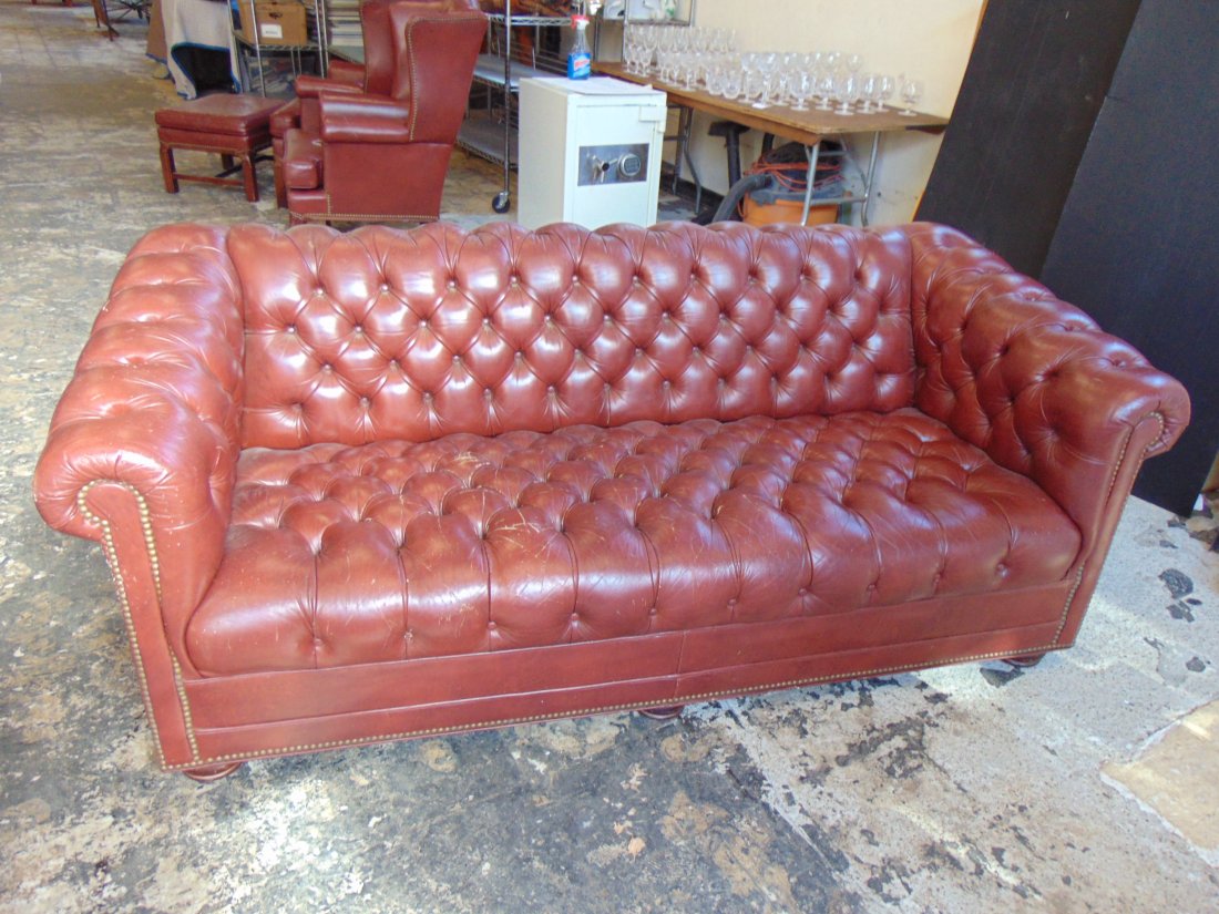 Burgundy colored Chesterfield sofa, 75" long, 34" deep, height is 28.25", seat height is 16.5", some (1 of 9)