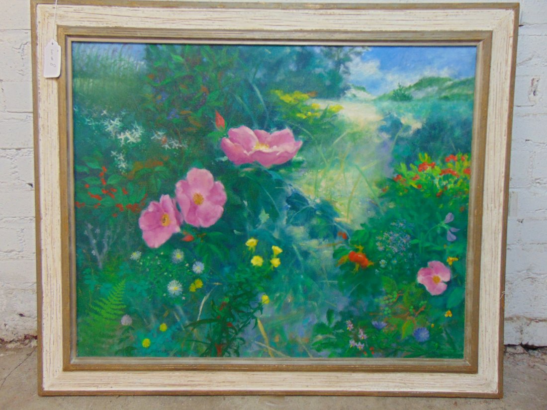 Painting, Fire Island flower field, Americo DiFranza, oil on canvas, "Fire Island Medlee" painting: Painting, Fire Island flower field, Americo DiFranza, oil on canvas, "Fire Island Medlee" painting is 24" by 30", in Heydenryk frame