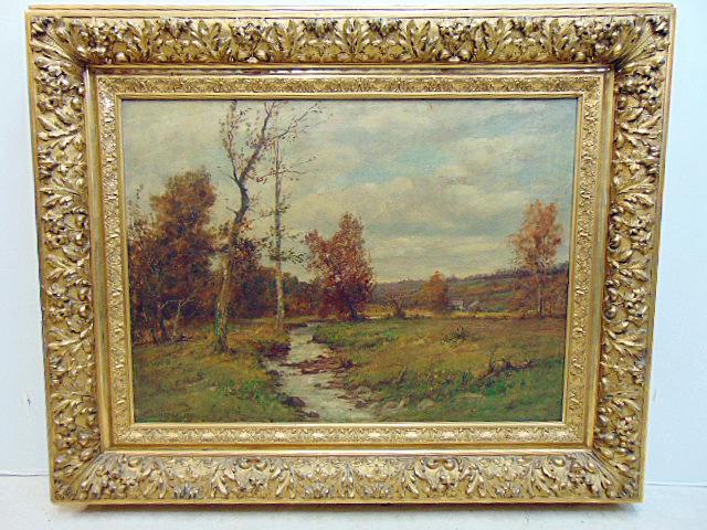 Painting, landscape with stream, Charles Linford 1896, oil on canvas, landscape with stream flanked: Painting, landscape with stream, Charles Linford 1896, oil on canvas, landscape with stream flanked by various trees, signed C. Linford, canvas is 22" by 30", in an fine quality floral decorated gilt 