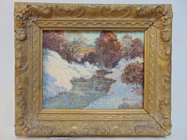 Painting, winter landscape, Otto Bierhals, Woodstock, oil on board, 7" by 9" (sight).: Painting, winter landscape, Otto Bierhals, Woodstock, oil on board, 7" by 9" (sight).