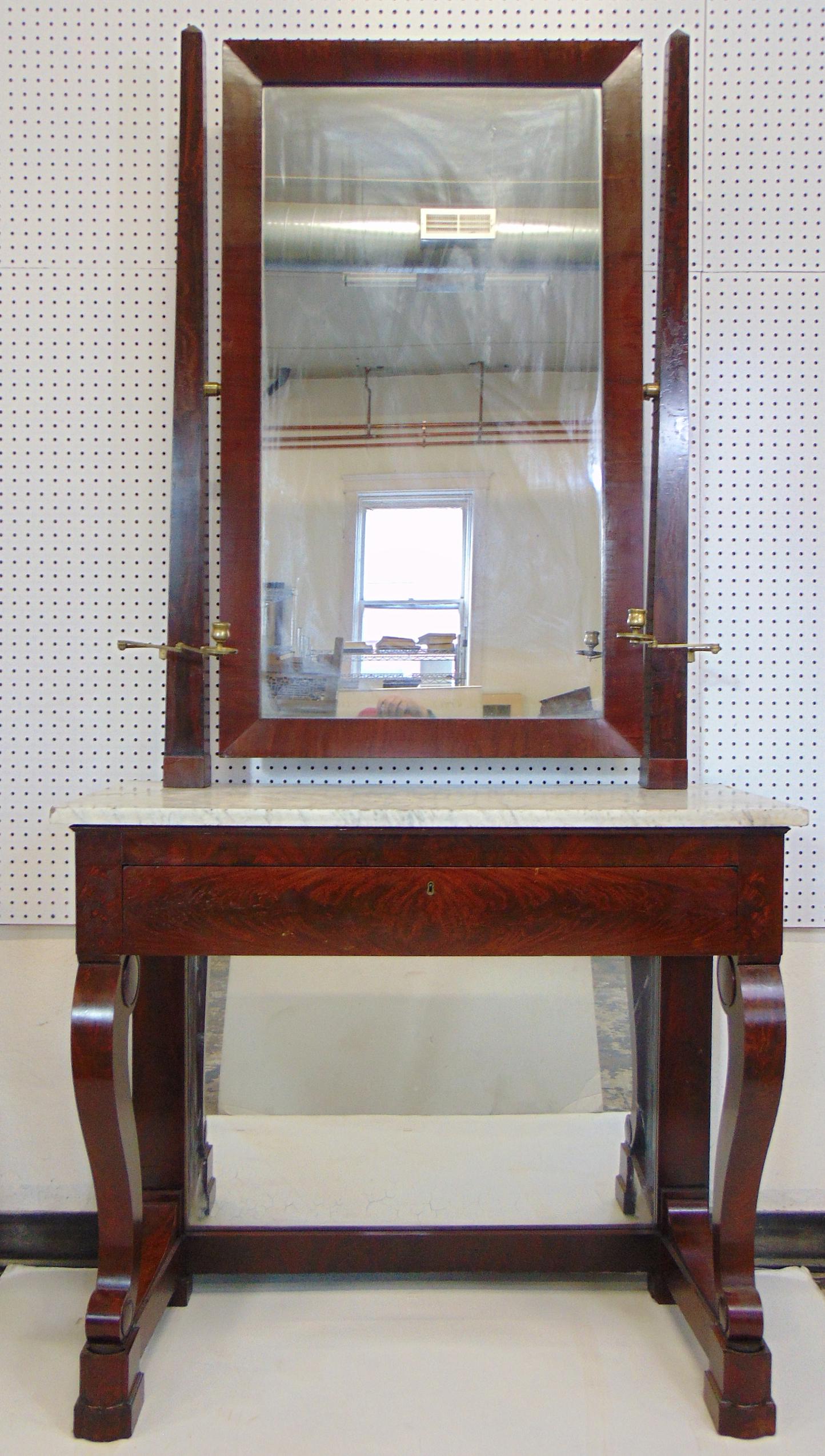 Marble top dressing table attributed to Duncan Phyfe, "rare & important marble top dressing table,: Marble top dressing table attributed to Duncan Phyfe, "rare & important marble top dressing table, New York, circa 1835-1845, the framed mirror plate pivots between obelisk posts over a white Tuckahoe