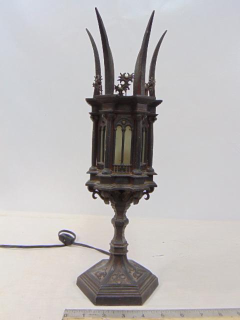 Gothic iron table lamp, with small glass panels, spike top, one spike is loose, lamp is 15.5" tall: Gothic iron table lamp, with small glass panels, spike top, one spike is loose, lamp is 15.5" tall