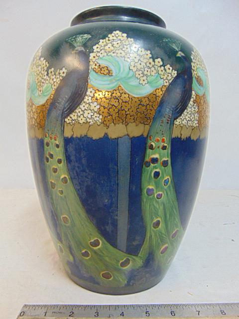 B&C Limoges peacock decorated porcelain vase, blue & dark green with flowers & peacocks, vase is: B&C Limoges peacock decorated porcelain vase, blue & dark green with flowers & peacocks, vase is drilled, height is 12.25"