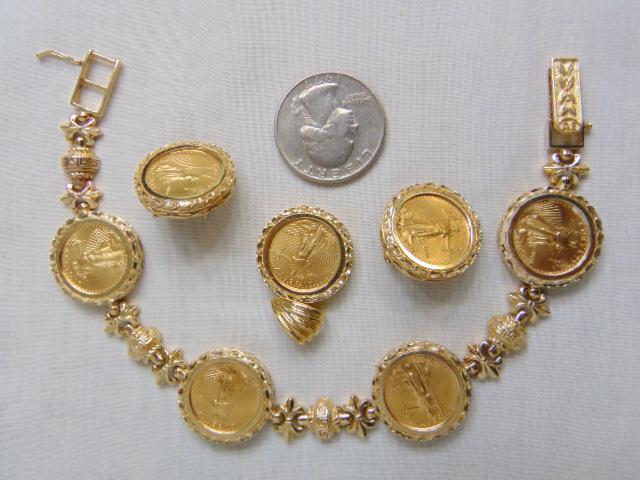Jewelry. 14kt gold Liberty coin suite, bracelet contains (4) individual Liberty 2000 coins each set: Jewelry. 14kt gold Liberty coin suite, bracelet contains (4) individual Liberty 2000 coins each set in gold frame, 34.28 grams, 8 1/2" length; pendant contains (1 )Liberty coin w/ large bail, 7.14 gra