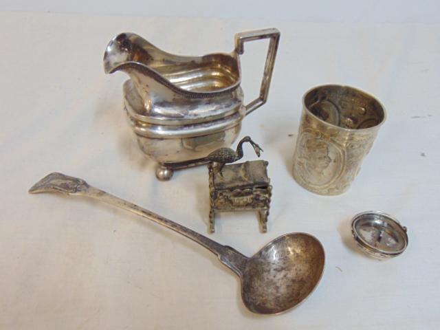 Assorted silver lot, Georgian & other, includes creamer, cup with neoclassical portraits, miniature: Assorted silver lot, Georgian & other, includes creamer, cup with neoclassical portraits, miniature crib shaped box with stork (pill ?) ladle & lidded cup.