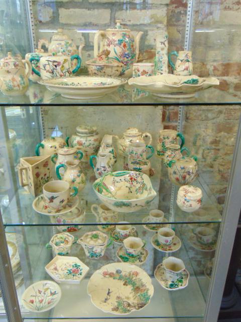 large collection of Japanese Kinkozan ceramics, pottery, floral decorated, includes 40 pieces: large collection of Japanese Kinkozan ceramics, pottery, floral decorated, includes 40 pieces including cups & saucers, plates, bowls, jars, creamers and small pitchers, vases, tea pots and more, some