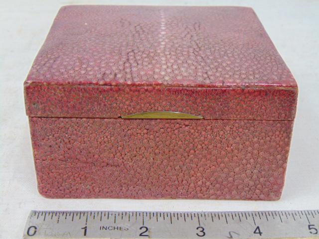 Small box, shagreen covered, in red, box is 4.25" by 4.5", height is 2.5": Small box, shagreen covered, in red, box is 4.25" by 4.5", height is 2.5"