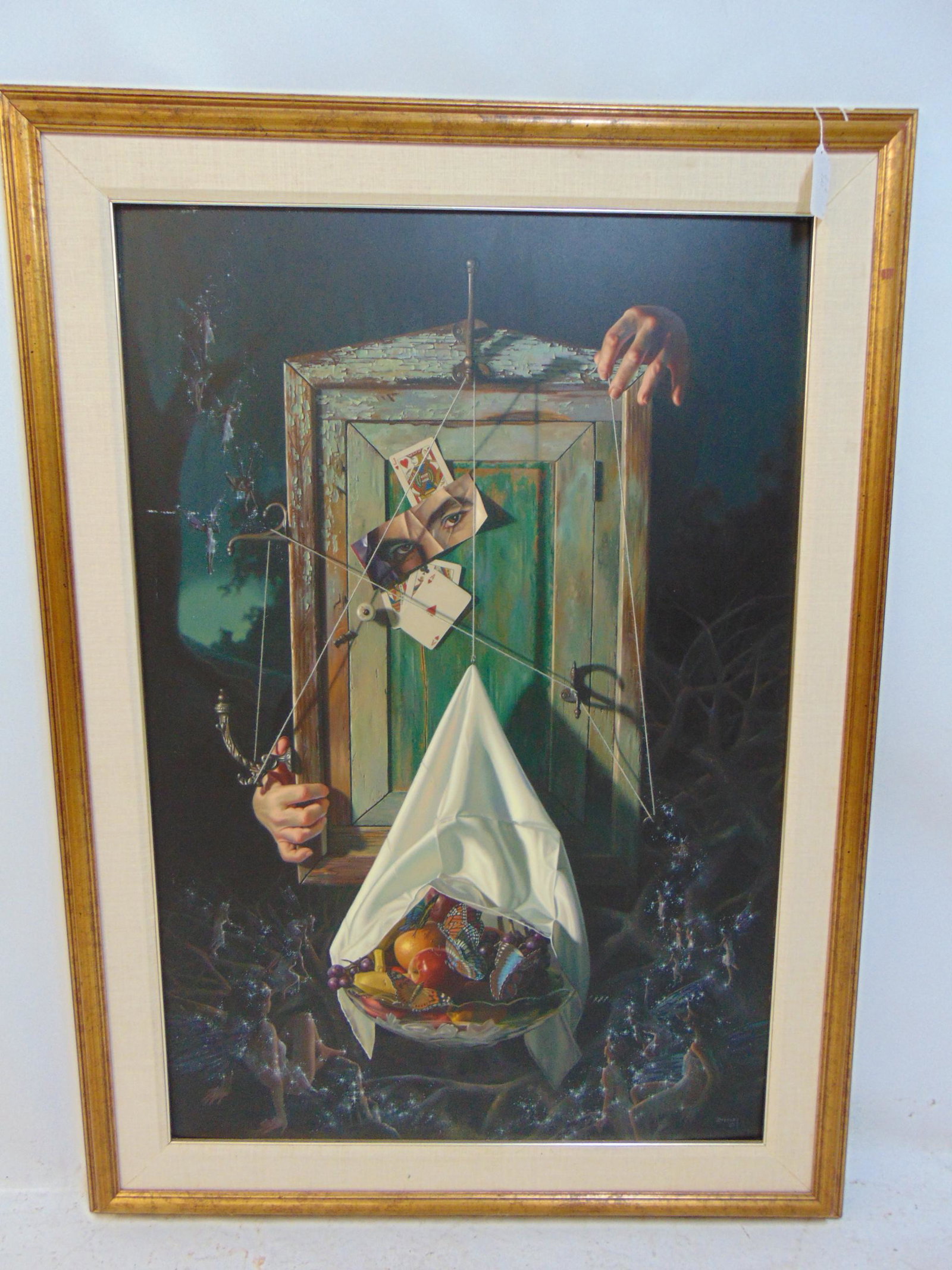 Painting, surrealistic still life, Robert Byerley, wall cabinet, basket with fruit, butterflies &: Painting, surrealistic still life, Robert Byerley, wall cabinet, basket with fruit, butterflies & various objects, on board, painting is 42.5" by 28.5"