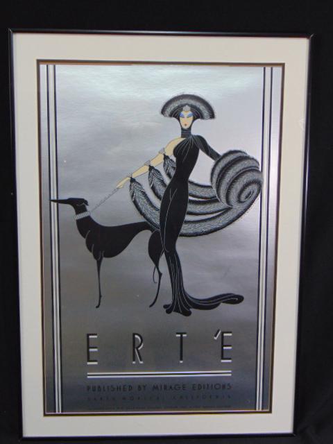 Signed Erte poster, "Erte, Published by Mirage Editions, Santa Monica, California" woman with dog,: Signed Erte poster, "Erte, Published by Mirage Editions, Santa Monica, California" woman with dog, silver background, poster is 29" by 19.25" (sight), framed.