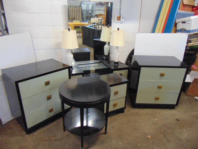 Mid Century bedroom suite, painted grey & black, vanity with mirror, pair chests, table, stand &: Mid Century bedroom suite, painted grey & black, vanity with mirror, pair chests, table, stand & pair table lamps, vanity mirror has small chip lower left corner, vanity base is 52.25" by 19.5", heigh