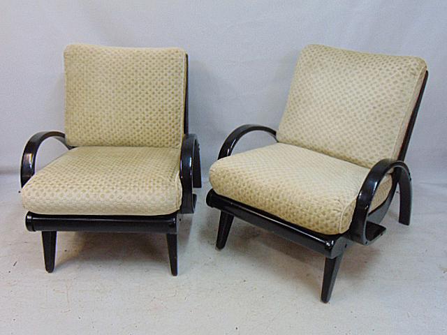 Pair Mid Century arm chairs by Phoenix Chair Co. in black paint with white cushions, chairs are 26": Pair Mid Century arm chairs by Phoenix Chair Co. in black paint with white cushions, chairs are 26" wide, 33"deep, height is 30", seat height (with pillow in place) is