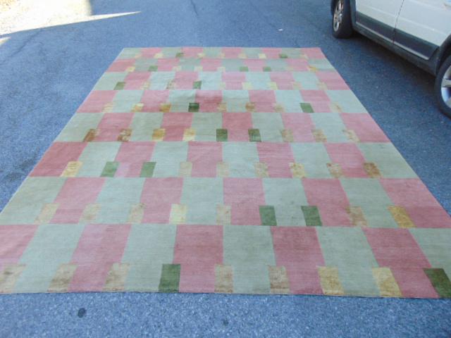 Tufenkian Tibetan carpet, 100% unbleached Tibetan wool, contemporary design with various cubes, few: Tufenkian Tibetan carpet, 100% unbleached Tibetan wool, contemporary design with various cubes, few minor furniture imprints, clean, rug is 10' by 13'8"