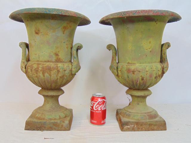 Pair small cast iron garden urns, with double handles, in old green paint, urns are 17.25" tall.: Pair small cast iron garden urns, with double handles, in old green paint, urns are 17.25" tall.