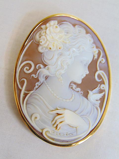 Jewelry. 18kt Antique cameo brooch/pendant, signed (interchangeably worn) carved shell portrait of a: Jewelry. 18kt Antique cameo brooch/pendant, signed (interchangeably worn) carved shell portrait of a young lovely lady wearing a necklace & flowers in her hair. Italian or French. substantial size, 2 