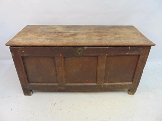 18th Century English oak blanket chest, box, raised panel front, chest is 48" by 20.75", height is: 18th Century English oak blanket chest, box, raised panel front, chest is 48" by 20.75", height is 23", all legs have been repaired, replaced, various old repairs.