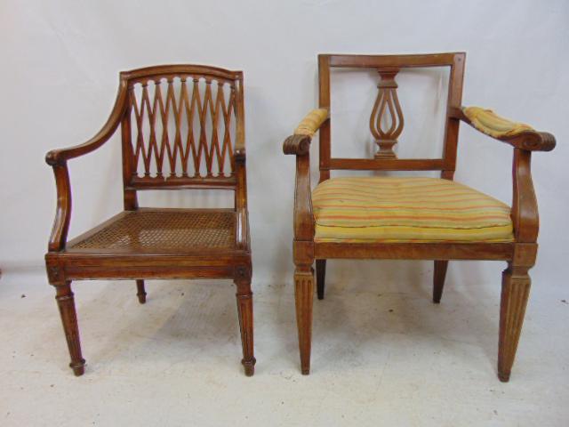 2 antique chairs, late 18th Century, Italian (?), includes lattice back caned seat arm chair, 21" by: 2 antique chairs, late 18th Century, Italian (?), includes lattice back caned seat arm chair, 21" by 18", height is 34.5" & upholstered seat arm chair with urn back, 26" by 19", height is 35.5"