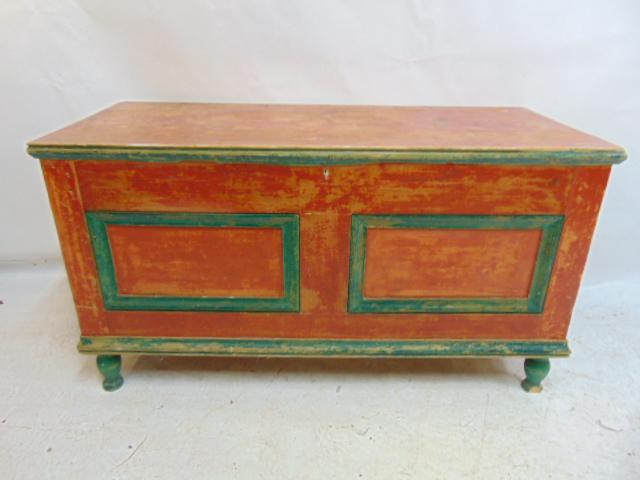 Paint decorated blanket box in red & green, box is 43.25" by 18.5", height is 24": Paint decorated blanket box in red & green, box is 43.25" by 18.5", height is 24"
