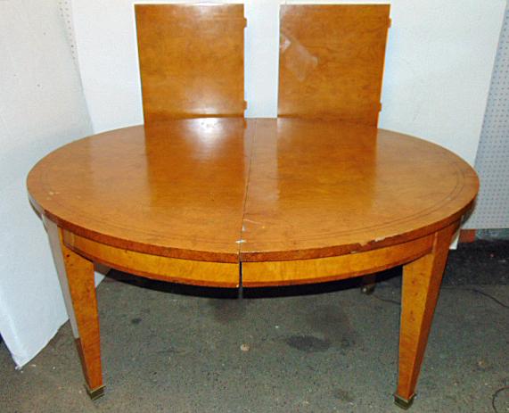 Biedermeier dining table with two leaves, burl wood veneers with small diamond shaped mother of: Biedermeier dining table with two leaves, burl wood veneers with small diamond shaped mother of pearl inlay detail, table is 46.5" by 55", leaves are 17.5" wide, leaves have veneer damage (white spots