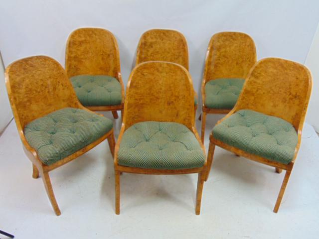 Set 6 burl wood Biedermeier chairs, curved wood backs, front & back burl veneer, with removable: Set 6 burl wood Biedermeier chairs, curved wood backs, front & back burl veneer, with removable upholstered seats, chairs are 21" by 17", height is 32", seat height is 17.5"