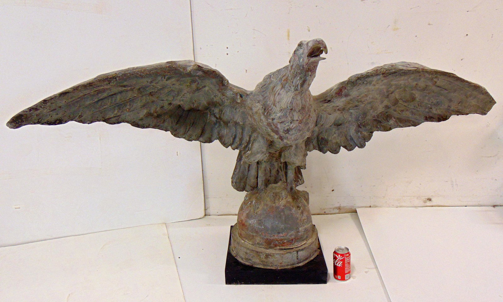 Zinc Pilot House eagle with spread wings, eagle is 74" wide (wingspan), various old repairs, in: Zinc Pilot House eagle with spread wings, eagle is 74" wide (wingspan), various old repairs, in restored condition, height is 36.25", depth is 29"