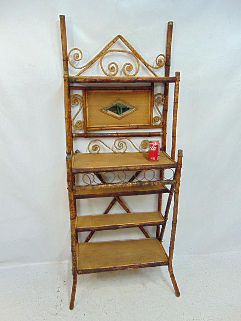 English bamboo shelf etagere, with diamond shaped mirrored back, shelf is 26" wide, 12" deep, height: English bamboo shelf etagere, with diamond shaped mirrored back, shelf is 26" wide, 12" deep, height is 67"
