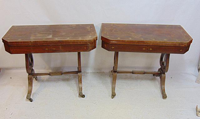 Pair 19th Century rosewood game tables with brass inlay & lyre sides, claw feet, each table has 20: Pair 19th Century rosewood game tables with brass inlay & lyre sides, claw feet, each table has 20 inlaid brass stars on top, felt interior, tables are as found, finish worn, need restoration, each ta
