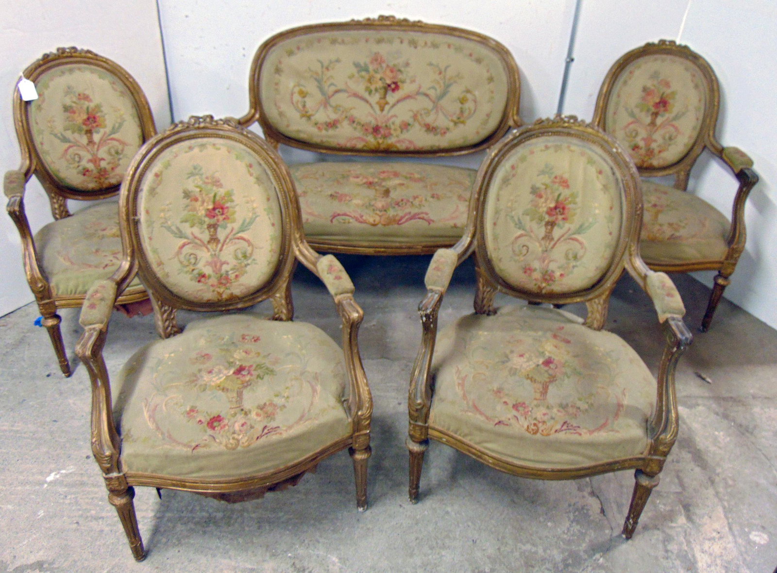 5 piece 19th century salon set, sofa & 4 chairs, needlepoint upholstered with gold painted frames,: 5 piece 19th century salon set, sofa & 4 chairs, needlepoint upholstered with gold painted frames, loveseat is 50" wide, 23" deep, height is 38.5", seat height is 18", chairs are 24" wide, 21" deep, h