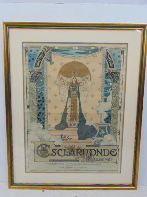 Poster, "Esclarmonde", Opera by Jules Massenet, Opera Romanesque de M.M. Alfred Blau & Louis de: Poster, "Esclarmonde", Opera by Jules Massenet, Opera Romanesque de M.M. Alfred Blau & Louis de Gramodt, 1889, poster is 28.25" by 21.5 (sight), framed.