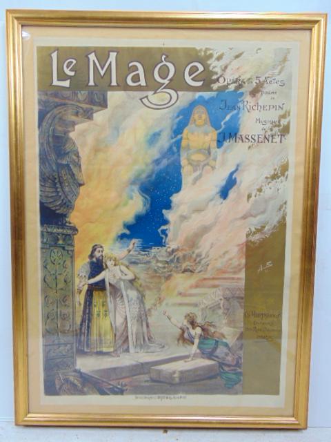 Poster, "Le Mage" music by J. Massenet, Opera en 5 Actes, G. Hartmann & Co Editeurs 20 Rue Dauou,: Poster, "Le Mage" music by J. Massenet, Opera en 5 Actes, G. Hartmann & Co Editeurs 20 Rue Dauou, Paris, poster is 37.25" by 26.5" (sight), framed, no matting)