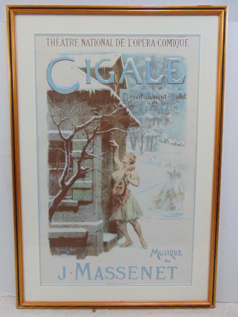 Poster, "Cigale", by Maurice Leloir, Musique de J. Massenet, Devambez. Grav. Paris, poster is 34" by: Poster, "Cigale", by Maurice Leloir, Musique de J. Massenet, Devambez. Grav. Paris, poster is 34" by 21.25" (sight), framed