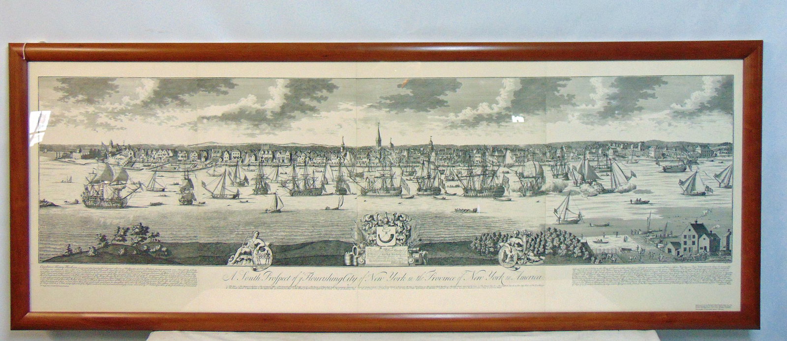 Print, "New York in the province of New York", reproduction print dated 1977, showing the: Print, "New York in the province of New York", reproduction print dated 1977, showing the flourishing city of New York, with houses, churches, multitude of sail ships, print is edition 151 of a total 