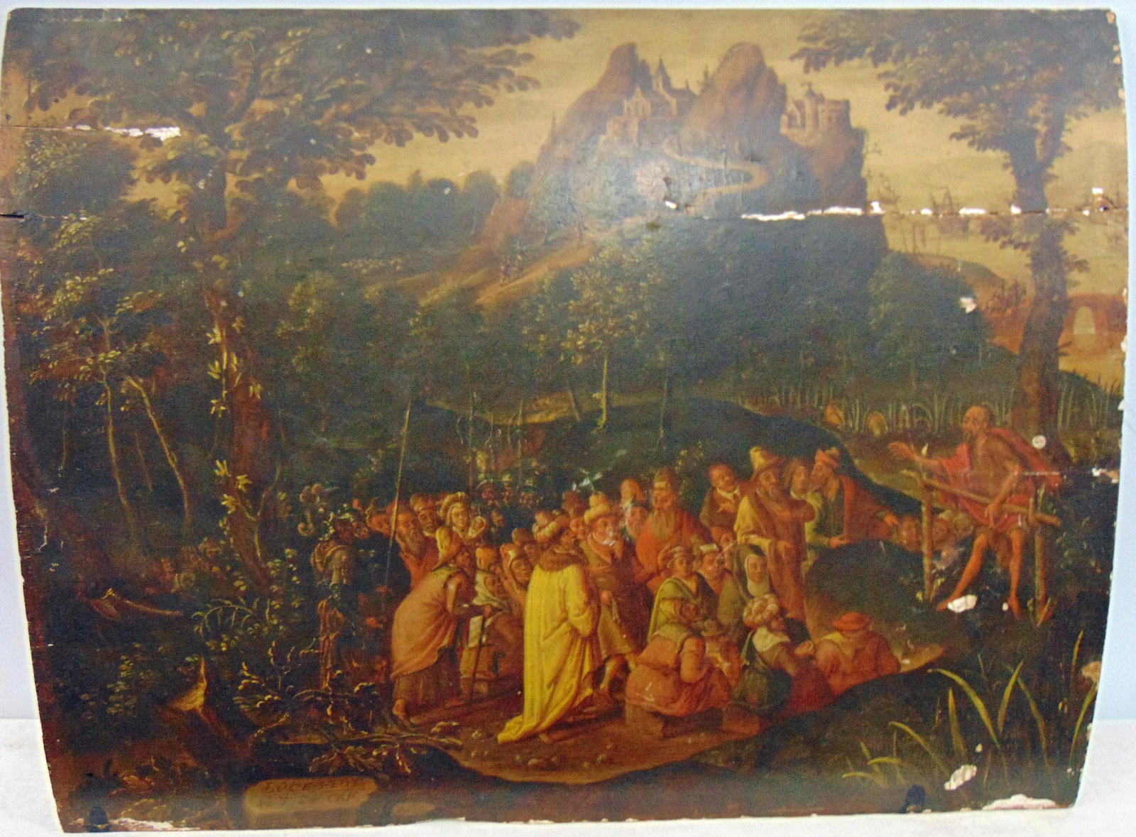 Painting, Dutch, 16th Century, John the Baptist, style of Jacob van Amsterdam, "John the Baptist: Painting, Dutch, 16th Century, John the Baptist, style of Jacob van Amsterdam, "John the Baptist preaching in the Wilderness", various figures, women, children, soldiers listening to John the Baptist,