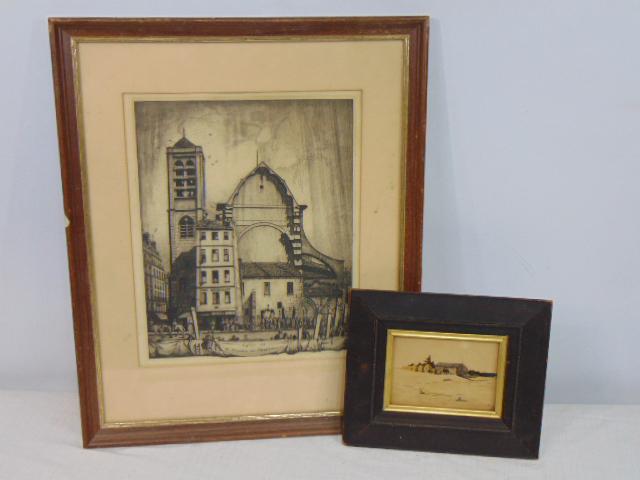 2 prints, Frederick G. Hall ''Eglise de St. Nicolas du Chardonnet'', 14" by 11.5" & small print,: 2 prints, Frederick G. Hall ''Eglise de St. Nicolas du Chardonnet'', 14" by 11.5" & small print, barn in landscape, signed illegibly, 3.75" by 5.5"