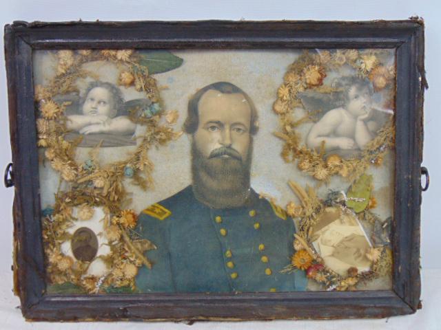 Memorial collage, civil war, picture of an officer surrounded by various images of the officer in: Memorial collage, civil war, picture of an officer surrounded by various images of the officer in various stages, 13.5" by 18.75" (frame size)