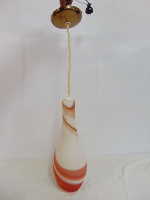 Italian hanging artglass lamp, fixture, in white glass with swirl decorations, fixture is 16.5": Italian hanging artglass lamp, fixture, in white glass with swirl decorations, fixture is 16.5" tall, in good condition.