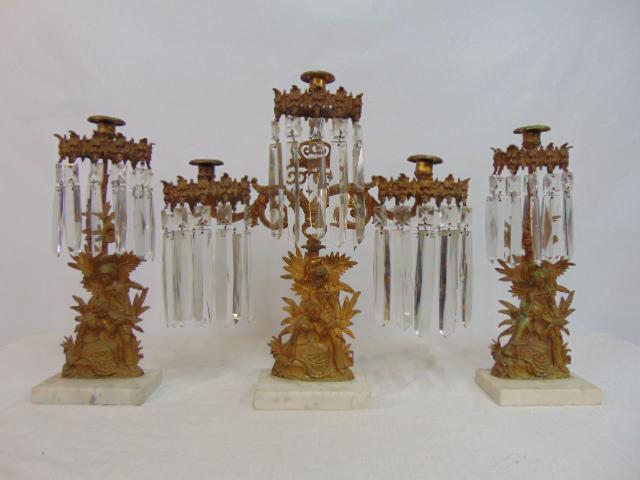 3 piece Girandole set, bronze & crystal on marble bases, courting scenes, on crystal missing,: 3 piece Girandole set, bronze & crystal on marble bases, courting scenes, on crystal missing, several crystals are chipped, center 3 arm candelabra is 18" tall, side candle holders are 15" tall.