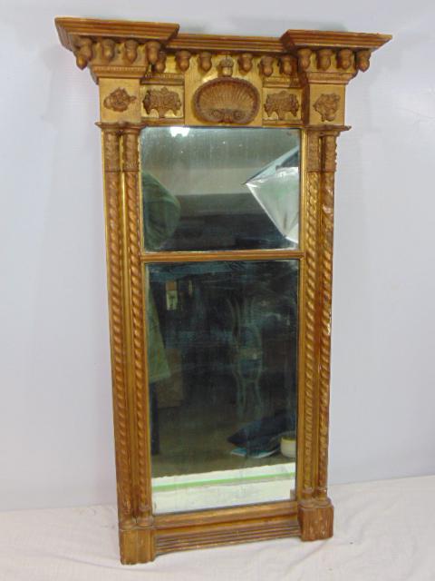 Antique mirror with spiral side columns & shell, acorn decoration, gold painted, mirror is 37" tall,: Antique mirror with spiral side columns & shell, acorn decoration, gold painted, mirror is 37" tall, 21.25" wide, one column and acorn are loose.