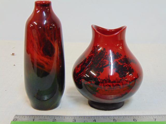2 small Royal Doulton flambe vases, small vase with uneven rim and decorated with stone bridge: 2 small Royal Doulton flambe vases, small vase with uneven rim and decorated with stone bridge village scene & tall vase with green, orange & red flames, small vase is 4.5", tall vase is 5.75" tall, g