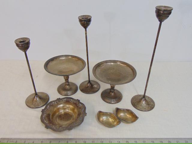 Sterling silver lot, bowls, candle holders, nut dishes, includes some weighted, total weight is 19.5: Sterling silver lot, bowls, candle holders, nut dishes, includes some weighted, total weight is 19.5 troy plus the weighted candlesticks