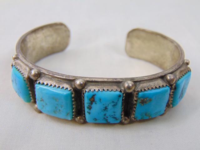 Jewelry. Native American Richard C Jim Turquoise Navajo cuff/bracelet, (5) individual set square: Jewelry. Native American Richard C Jim Turquoise Navajo cuff/bracelet, (5) individual set square turquoise stones, stampwork, 1" opening gap, 54.72 grams; 1/2" wide, 6 1/2" circumference w/o gap. good