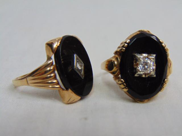 Jewelry. (2) Antique Victorian Diamond & black onyx rings, both set in 10kt yellow gold, size 8 3/4: Jewelry. (2) Antique Victorian Diamond & black onyx rings, both set in 10kt yellow gold, size 8 3/4 oval black onyx ring w/ central round diamond approx 4mm set in square setting, 4.90 grams; size 6 3