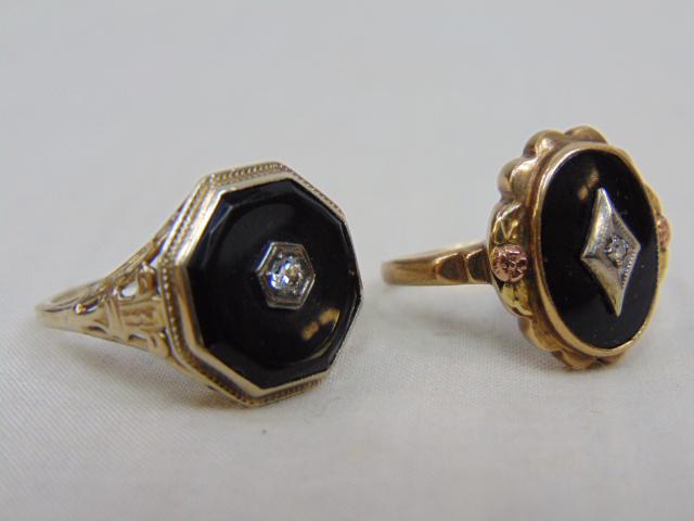 Jewelry. (2) Antique Victorian Diamond & black onyx rings, 10kt white gold filigree ring size 8 1/4,: Jewelry. (2) Antique Victorian Diamond & black onyx rings, 10kt white gold filigree ring size 8 1/4, 3.41 grams, 10kt yellow gold ring size 7 3/4, 3 grams, both good condition