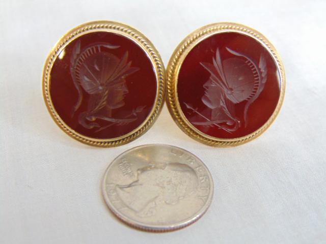 Jewelry. Men's 14kt. yellow gold large Intaglio cufflinks, 18.74 grams, carved Carnelian depicting a: Jewelry. Men's 14kt. yellow gold large Intaglio cufflinks, 18.74 grams, carved Carnelian depicting a Roman warrior/soldier, just over an inch wide, good condition.