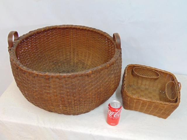 2 early basket, large basket with handles, 23" in diameter, & berry (?) basket, square with three: 2 early basket, large basket with handles, 23" in diameter, & berry (?) basket, square with three small oval interior baskets & wood handles, 12" by 12"