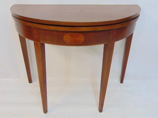 Mahogany inlaid demi lune console table, gate leg, top is 36" by 18" (36" round when opened), height: Mahogany inlaid demi lune console table, gate leg, top is 36" by 18" (36" round when opened), height is 29"
