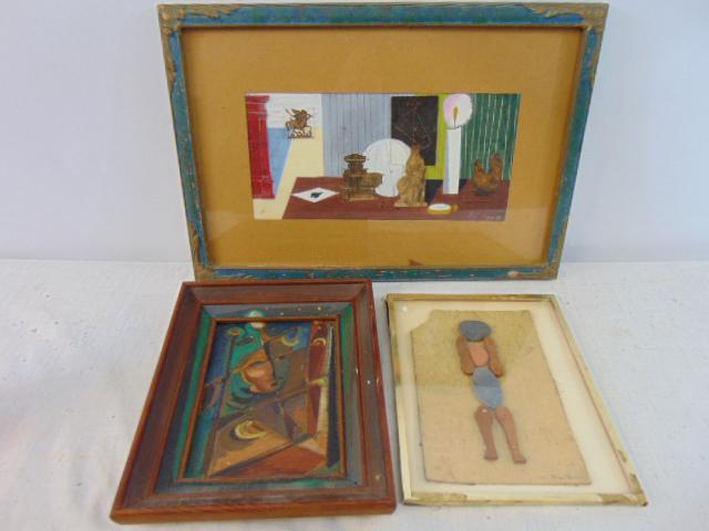 3 paintings, mixed media, Nathan Gluck gouache / mixed media with various items 5.25" by 10.5",: 3 paintings, mixed media, Nathan Gluck gouache / mixed media with various items 5.25" by 10.5", mixed media of a figure made out of wood & stones by C (G?) Hamilton 7.5" by 4.75" & small oil on panel,