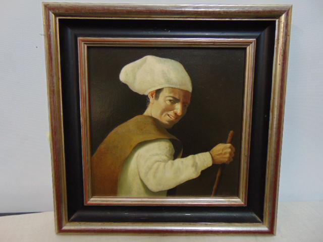 Painting, figure with cap & cane, signed Mahne, Mallner, see lot 338, same artist, oil on board, 10": Painting, figure with cap & cane, signed Mahne, Mallner, see lot 338, same artist, oil on board, 10" by 10", (compare signatures with lot 338)